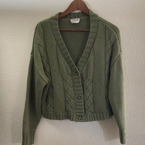 Callahan Anthropology Olive Green Cable Knit short Cardigan large